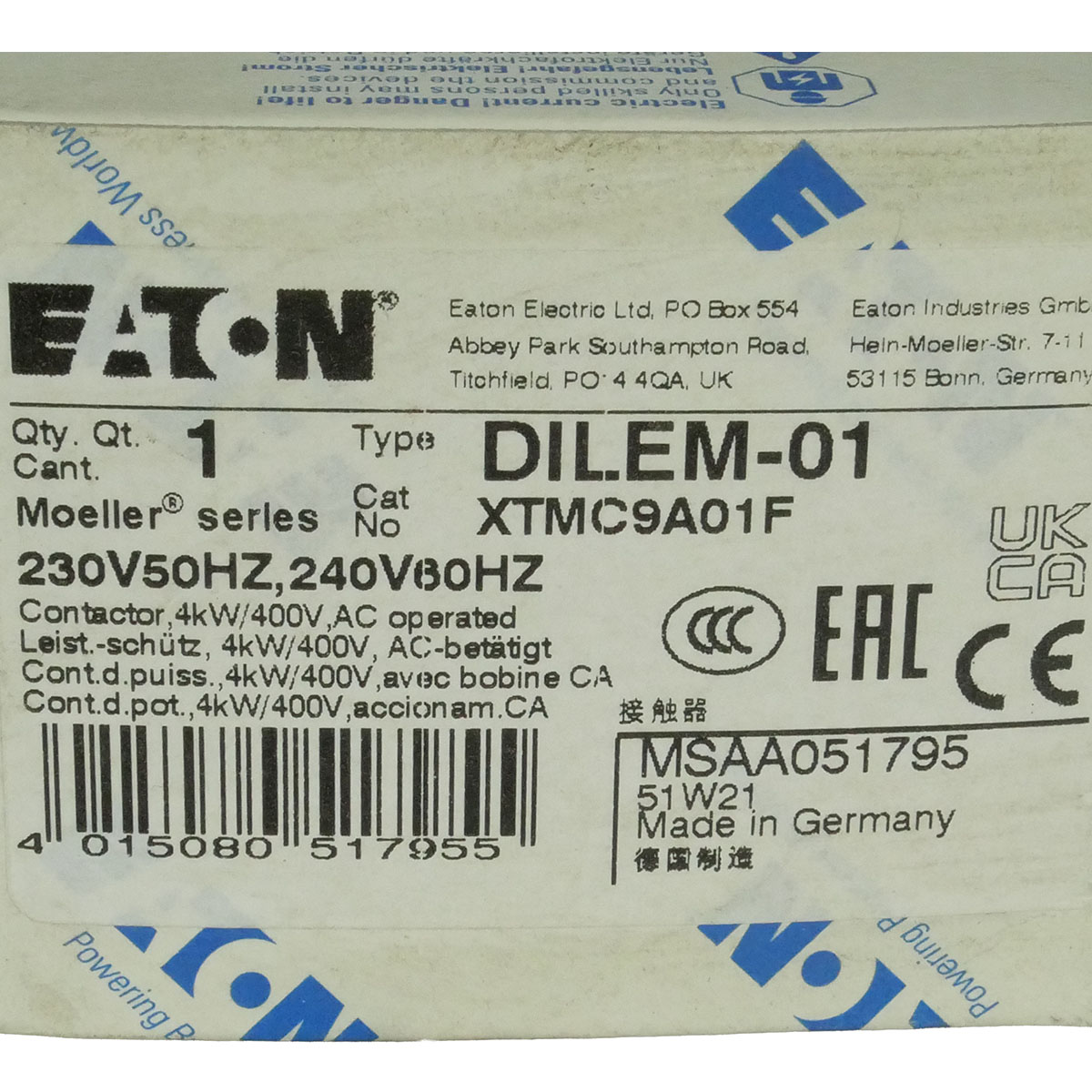 EATON Leistungsschütz DILEM-01 3-polig für Motoren und ohmsche Lasten mit Schraubklemmen