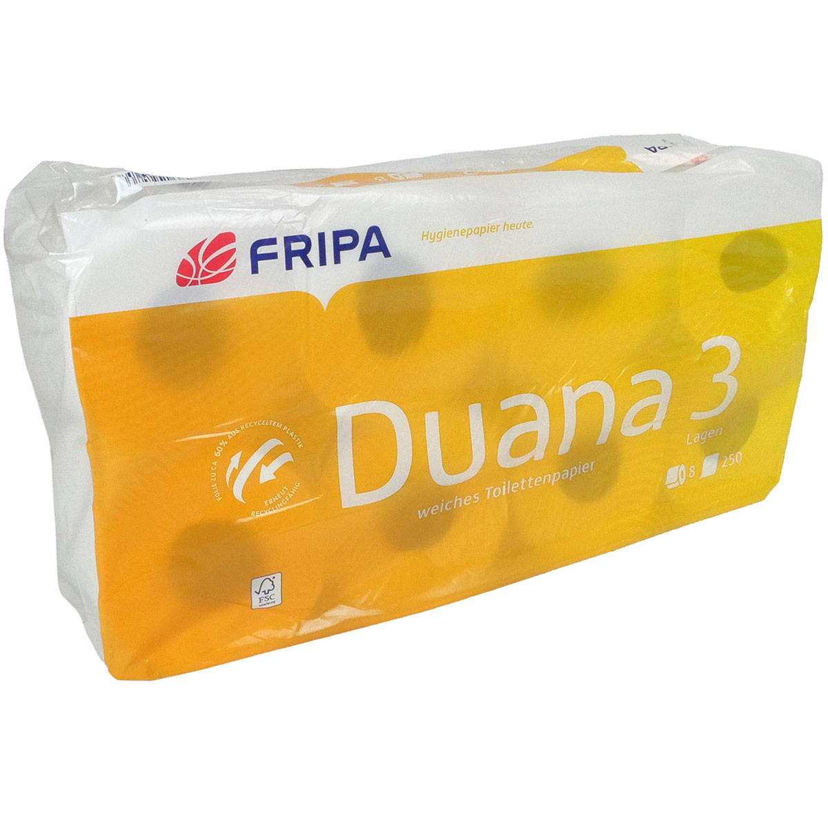 Toilettenpapier DUANA Hochweißes 3-lagiges Produkt mit FSC MIX Zertifizierung bestehend aus acht Rollen je 250 Blättern für den preisbewussten Einsteig