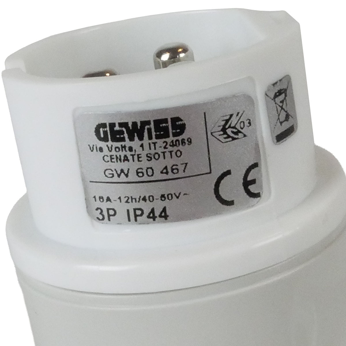 CEE Anbaustecker 16A IP44 mit vernickeltem Anschluss für Kabeldurchführung Ø 23 mm geeignet für industrielle Anwendungen und Baustellen