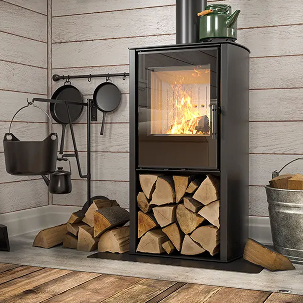 CANE S freistehender Kamin mit Holzkammer
