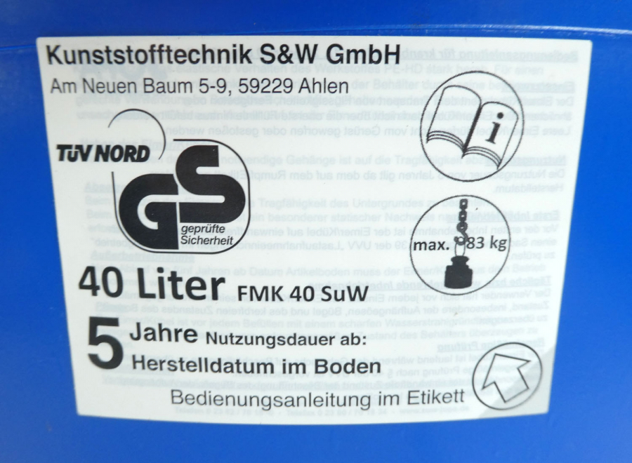 Baueimer / Mörteleimer kranbar 40 Liter
